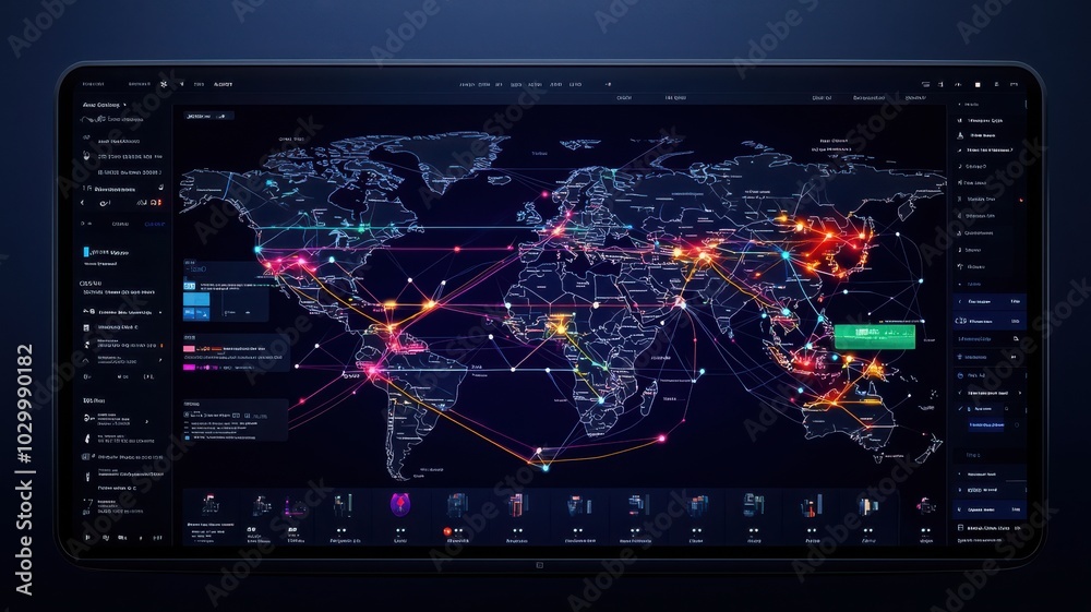 Global network map, digital interface, data visualization Global network map, digital interface, data visualization