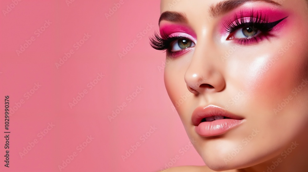Close-up of a Woman with Bold Pink Eye Makeup and Long Lashes Close-up of a Woman with Bold Pink Eye Makeup and Long Lashes