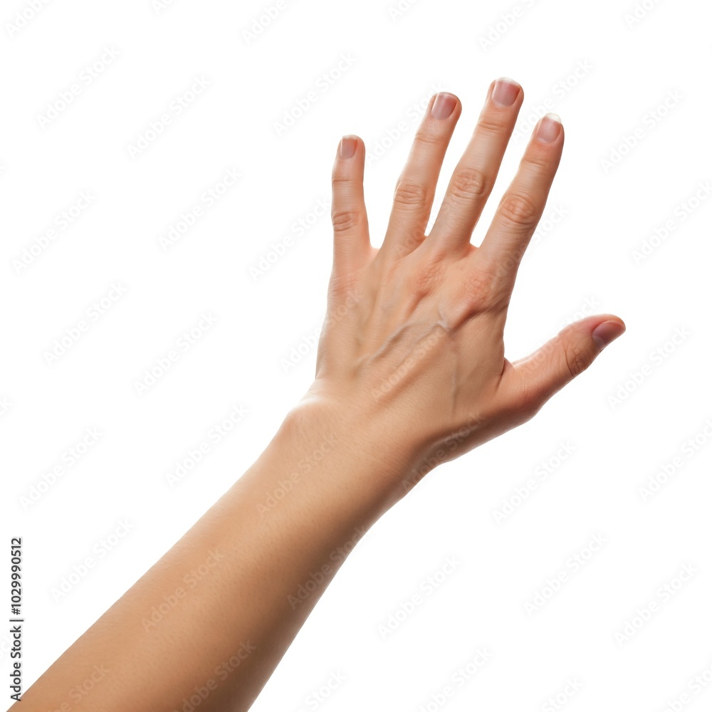 Woman's hand raised with palm facing towards the viewer against a white background. Woman's hand raised with palm facing towards the viewer against a white background.