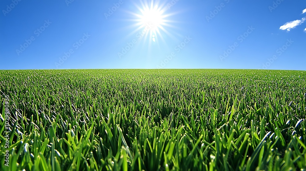 Obraz premium A field of green grass under a bright blue sky with a sun shining through clouds, perfect for a background image or website design