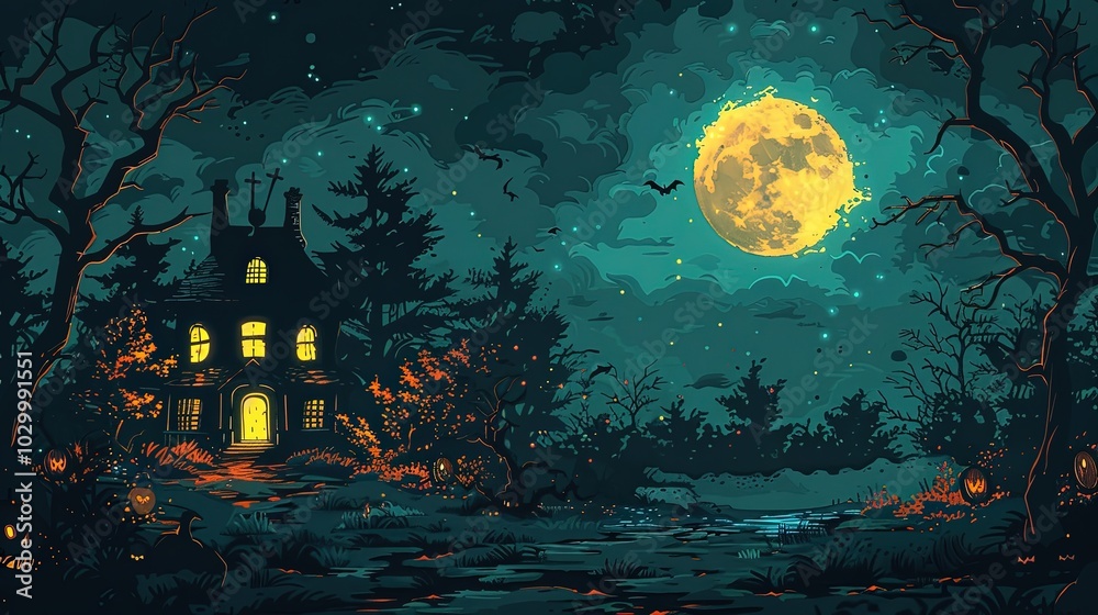 A Sinister Halloween Night With Glowing Moon & Eerie Haunted House Awash In Spooky Shadows A Sinister Halloween Night With Glowing Moon & Eerie Haunted House Awash In Spooky Shadows
