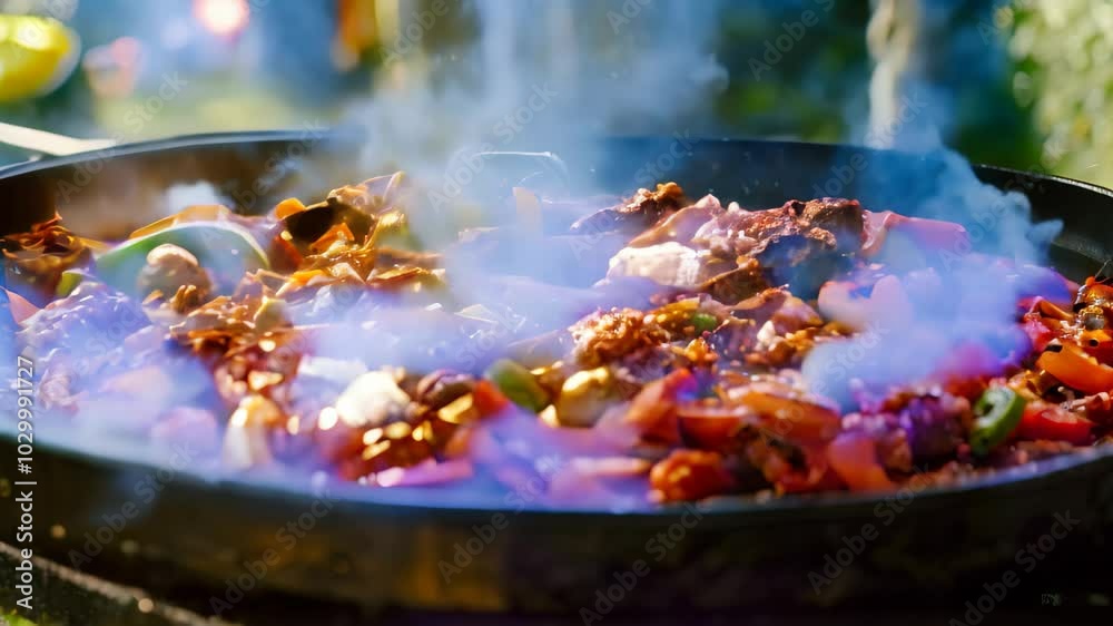 A close-up shot of a sizzling griddle with colorful peppers, onions, and sausage, Sizzling griddle with colorful toppings A close-up shot of a sizzling griddle with colorful peppers, onions, and sausage, Sizzling griddle with colorful toppings