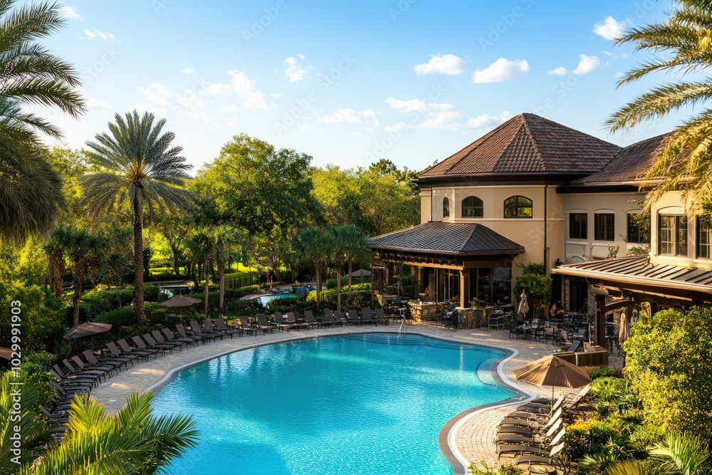 An Aerial View Of A Vibrant Pool Area With Guests Enjoying Poolside Service, Sun Loungers, And A Bar, Capturing The Lively Atmosphere Of A Summer Day.