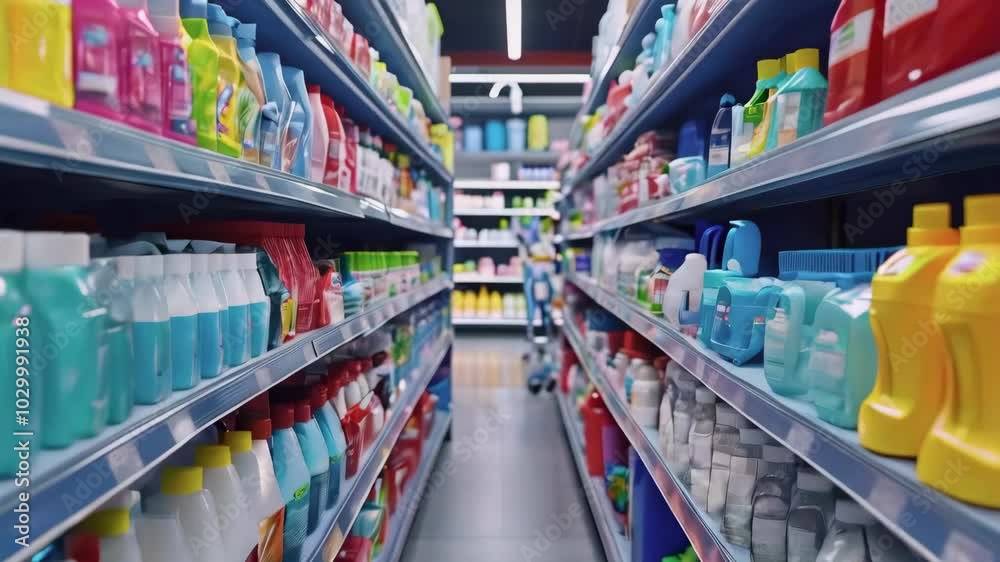 Aisle in Supermarket with Cleaning Products, 4K Ultra HD footage Perfect for Professional Projects, tech presentations, product showcases and professional digital content.
