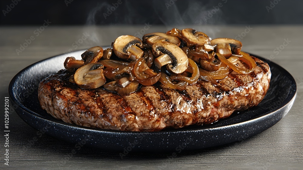 Sizzling Sirloin Steak Topped with Sauted Mushrooms and Caramelized Onions Served on a Plate Sizzling Sirloin Steak Topped with Sauted Mushrooms and Caramelized Onions Served on a Plate