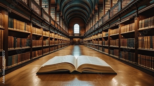 An open book is displayed in a library setting, suggesting a focus on knowledge and study.