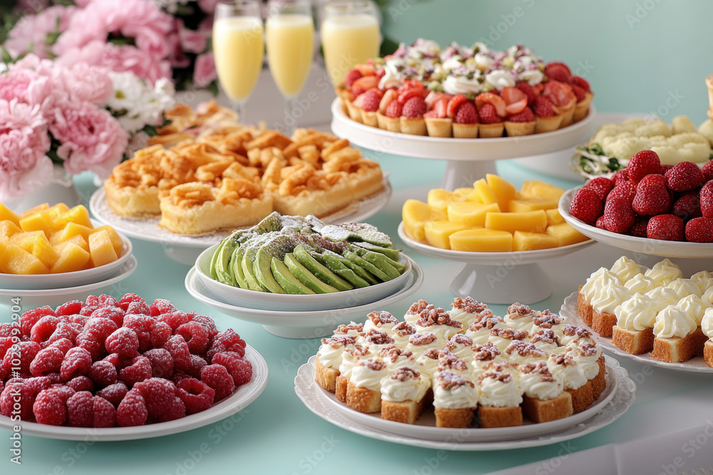 Beautifully Arranged Brunch Table Featuring An Array Of Colorful Dishes Including Avocado Toast, Fruit Platters, And Mimosas, All Set Against A Soft Pastel Background Beautifully Arranged Brunch Table Featuring An Array Of Colorful Dishes Including Avocado Toast, Fruit Platters, And Mimosas, All Set Against A Soft Pastel Background