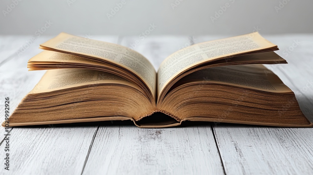 Obraz premium An open book rests on a white wooden background, showcasing its pages with a simple and elegant presentation
