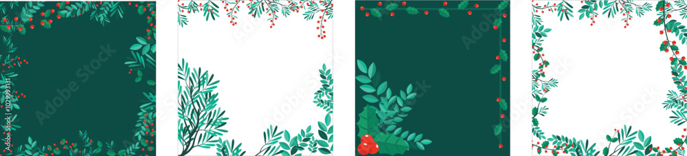 vector Winter Foliage Holiday cards. Universal Christmas templates with decorative Christmas Tree, reindeer, floral background and frame with copy space