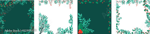 vector Winter Foliage Holiday cards. Universal Christmas templates with decorative Christmas Tree, reindeer, floral background and frame with copy space