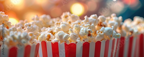 Full popcorn bucket with a bokeh background