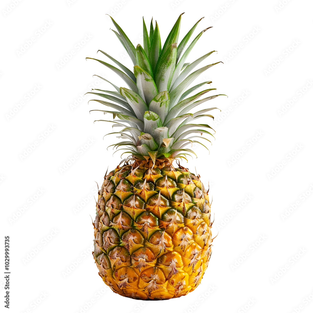 Fototapeta premium Ripe Pineapple with Green Leaves Isolated on Black