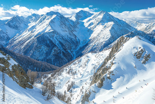 Breathtaking Panoramic View Of Snow-Covered Mountains With Ski Trails Winding Down, Dotted With Skiers And Snowboarders, Creating An Exhilarating Winter Ski Background photo