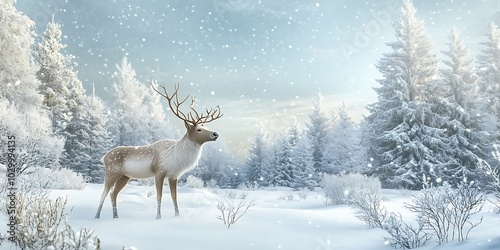 A lone reindeer standing in a snowy forest, a magical winter scene Light Gradient Background with Room for Typography