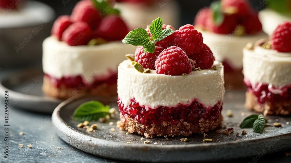Elegant raspberry cheesecake bites beautifully styled, with layers of crumb, cream, and fresh fruit, served on a sophisticated plate, capturing culinary artistry. Elegant raspberry cheesecake bites beautifully styled, with layers of crumb, cream, and fresh fruit, served on a sophisticated plate, capturing culinary artistry.