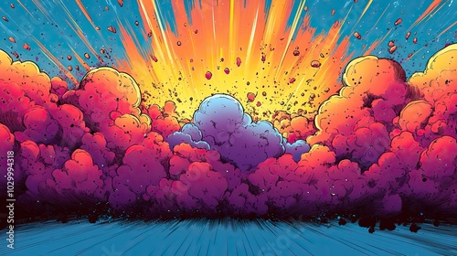 Background filled with vibrant comic book explosions.