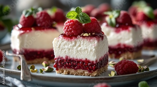 Wallpaper Mural Square-shaped raspberry cheesecake with a nutty crumb crust, topped with fresh raspberries and mint, styled in an elegant dessert arrangement for a refined treat. Torontodigital.ca