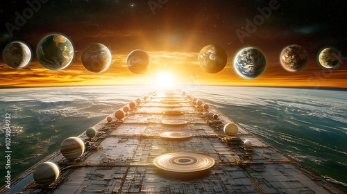 A futuristic pathway to the stars: A celestial path with planets and stars, leading to a distant galaxy, ideal for science fiction or space travel themes photo