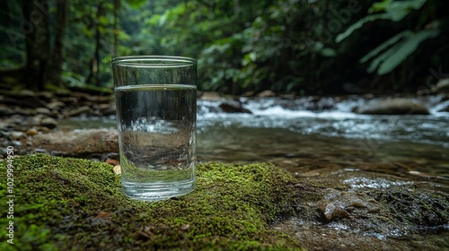 Clear glass of water placed on moss beside river in nature