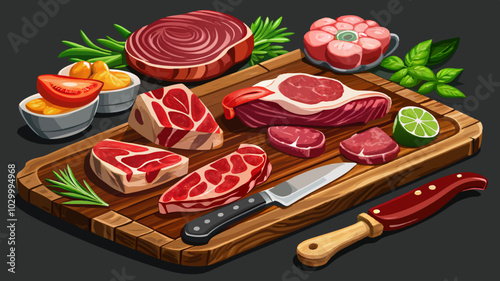 Variety of Raw Black Angus Prime meat steaks Machete, Blade on bone, Striploin, Rib eye, Tenderloin fillet mignon on wooden board