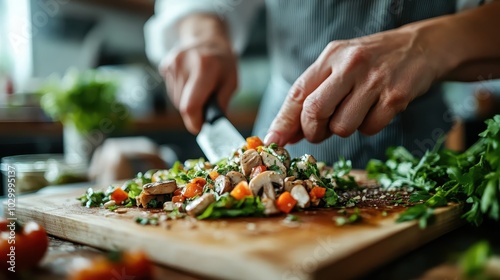 A chef's hands expertly slice vegetables on a wooden cutting board amidst a variety of fresh ingredients, highlighting culinary expertise and fresh food preparation.