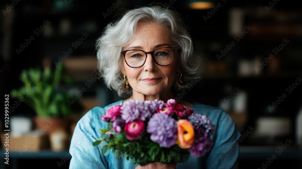 An elderly woman with silver hair and glasses sits contentedly, holding a bouquet of colorful flowers, symbolizing wisdom and the beauty of aging gracefully.
