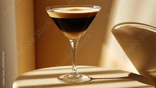 A glass of coffee sits on a white table in the sunlight