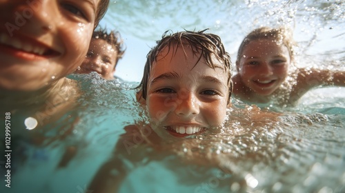 A lively group of children playing and smiling underwater, capturing the playful spirit and joy of childhood in a fun aquatic environment during sunny days. photo