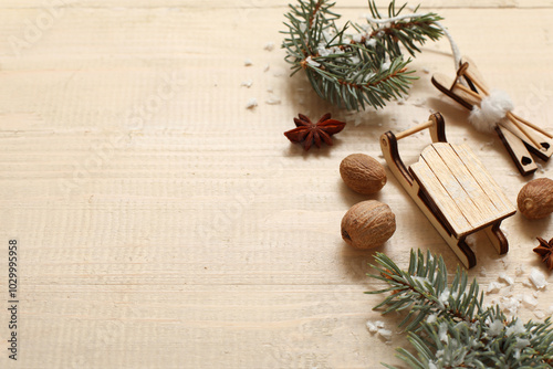 Wooden toys with snow, nuts...