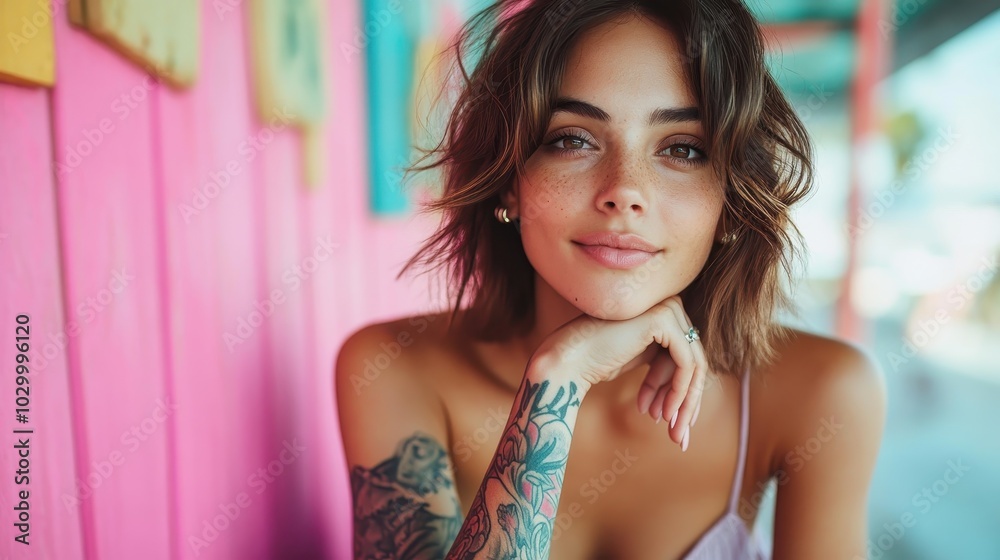 A smiling young woman with tattoos leans against a vibrant pink wall, displaying a charming and friendly demeanor, capturing the essence of youthful happiness. A smiling young woman with tattoos leans against a vibrant pink wall, displaying a charming and friendly demeanor, capturing the essence of youthful happiness.