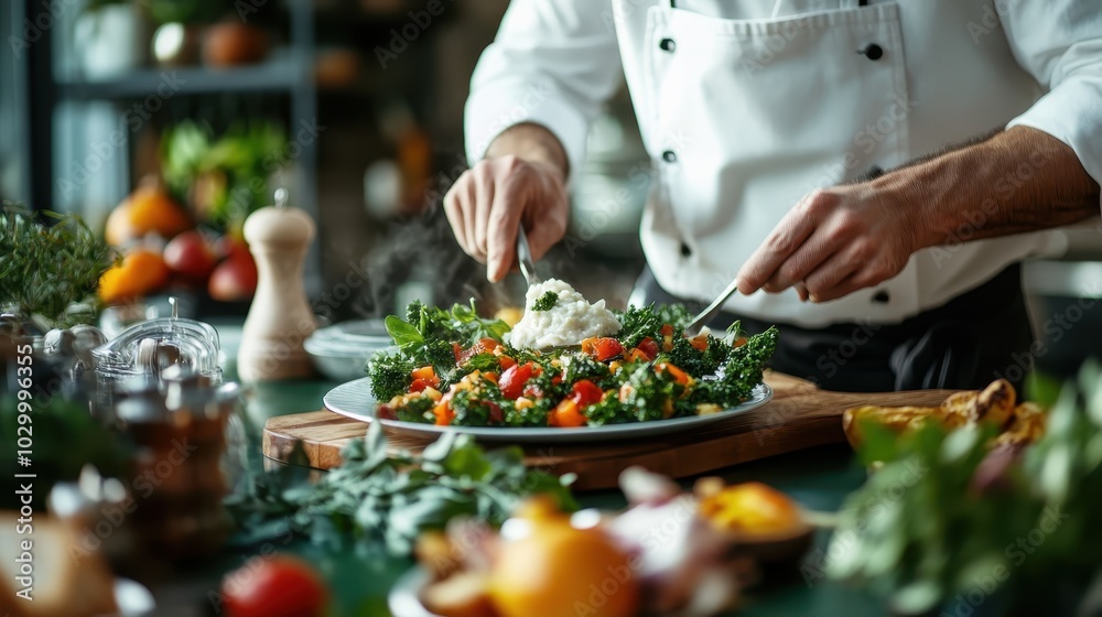A professional chef artfully arranges fresh, colorful vegetables, garnishing with precision and showcasing a mastery of culinary design in a sophisticated kitchen setting. A professional chef artfully arranges fresh, colorful vegetables, garnishing with precision and showcasing a mastery of culinary design in a sophisticated kitchen setting.