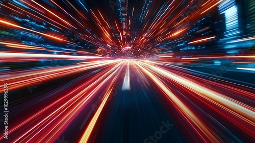 Abstract Blurred Lights of City Street at Night, Long Exposure, High Speed Motion, Dynamic, Fast Speed, Futuristic Technology Blank Background with Copy Space for Design Projects