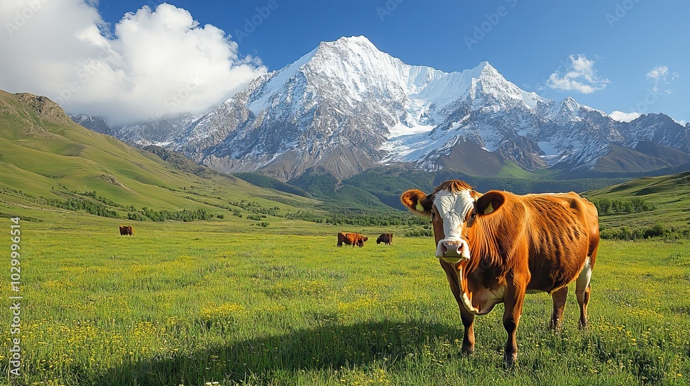 Cows grazing in a green field with snowy mountains in the background. Cows grazing in a green field with snowy mountains in the background.