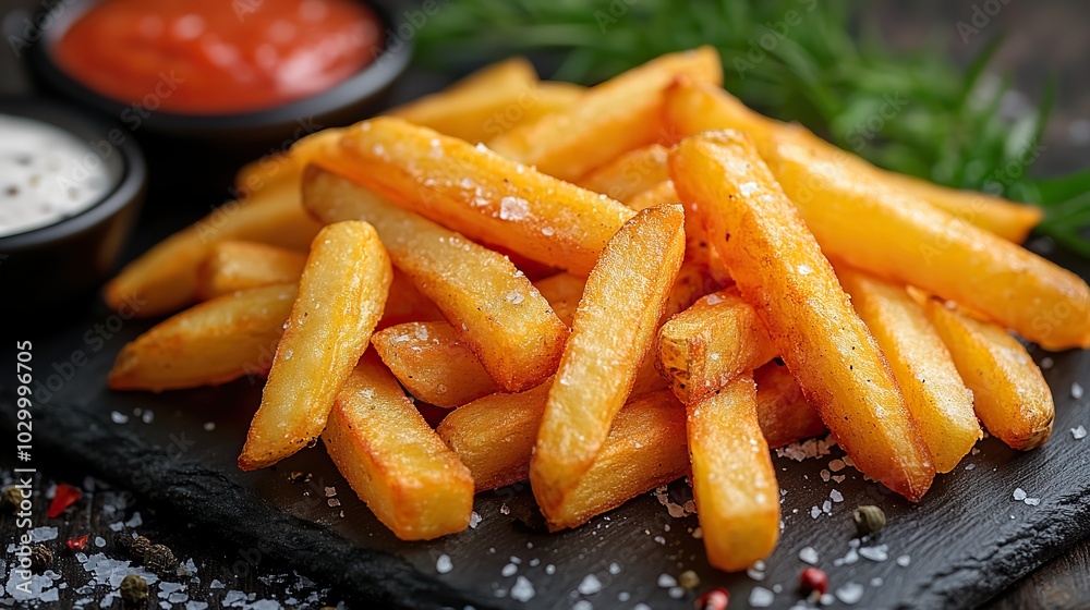 Crispy golden french fries showcased on a dark background. Crispy golden french fries showcased on a dark background.
