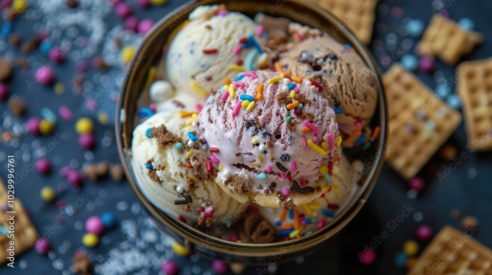 Colorful Ice Cream Scoops with Sprinkles and Waffle Cone Colorful Ice Cream Scoops with Sprinkles and Waffle Cone