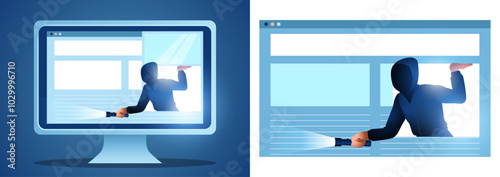 Hacker portrayed as a thief sneaking into a computer system, opening a window with a flashlight in hand. Concepts of cybersecurity,  cybercrime, internet security, data breaches, and online privacy