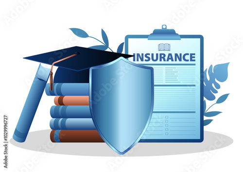 Shield with a book, toga hat, and insurance document in the background, representing education and protection. Ideal for concepts like academic and student insurance and educational security