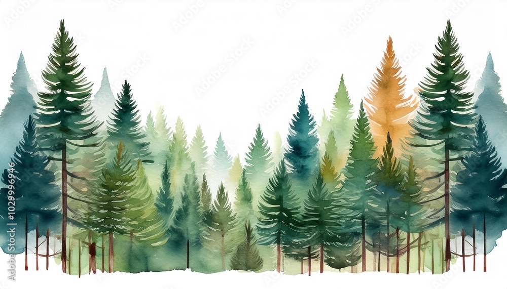 Fototapeta premium Vibrant watercolor depiction of a textured pine forest with layers of overlapping trees, showcasing depth and natural beauty through hand-drawn artistry