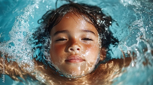 A serene moment captured as a child with closed eyes floats while submerged in a calm pool, surrounded by gentle water ripples and a soft play of sunlight.