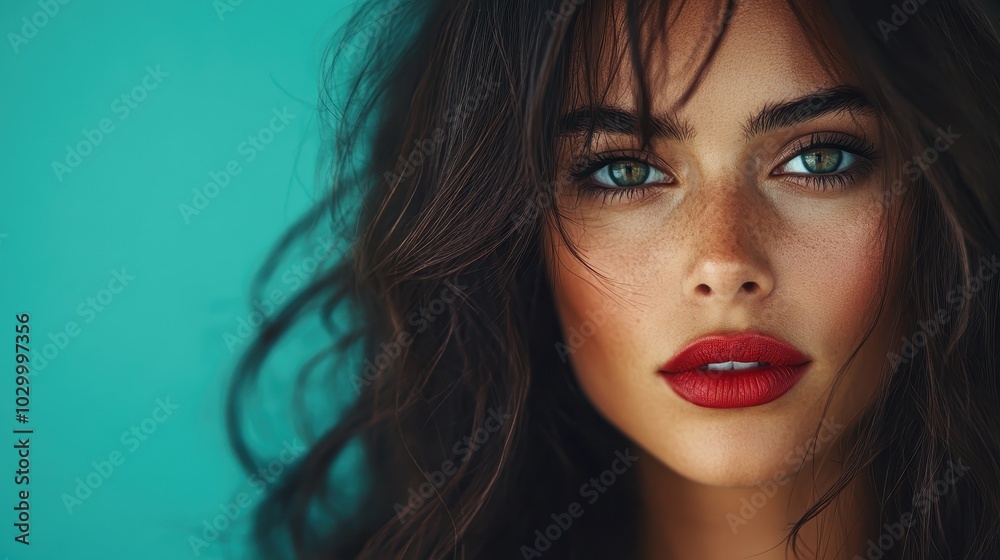 A striking portrait of a woman with vibrant red lipstick, piercing eyes, and dark, wavy hair against a teal backdrop, capturing elegance and allure. A striking portrait of a woman with vibrant red lipstick, piercing eyes, and dark, wavy hair against a teal backdrop, capturing elegance and allure.