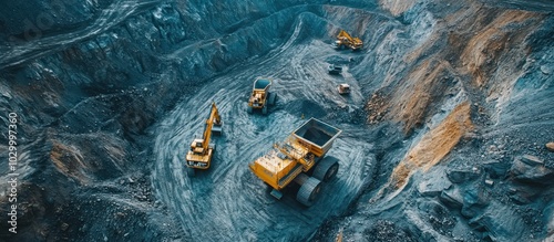 Aerial view of a mining operation with several heavy duty vehicles working on a large scale project.