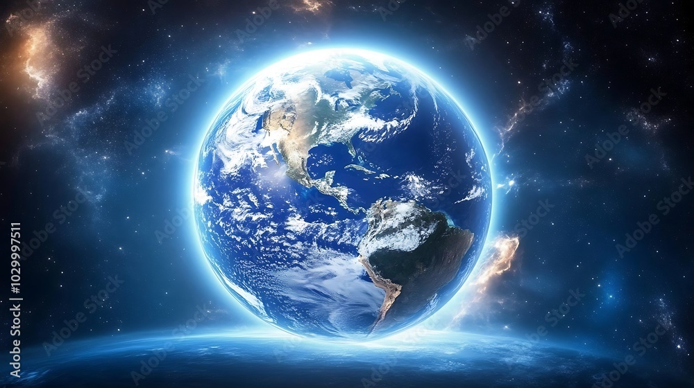 Fototapeta premium Earth from space with a bright glow around it, perfect for use as a background or wallpaper