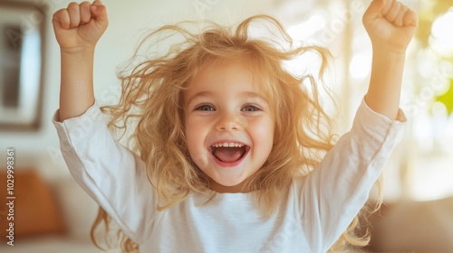 A vibrant scene depicting a laughing child with curly hair, raising arms in celebration, capturing the pure joy and boundless energy of youth in a sunlit room.