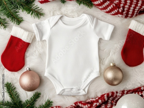 Baby onesie with Christmas decorations, white isolated background