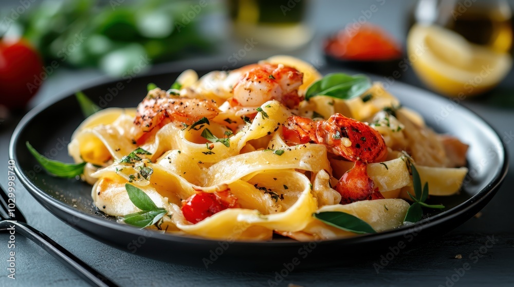 Delicious pasta topped with succulent seafood and fresh herbs on a dark plate, garlic and lemon for a cozy evening meal, perfect for food photography enthusiasts. Delicious pasta topped with succulent seafood and fresh herbs on a dark plate, garlic and lemon for a cozy evening meal, perfect for food photography enthusiasts.
