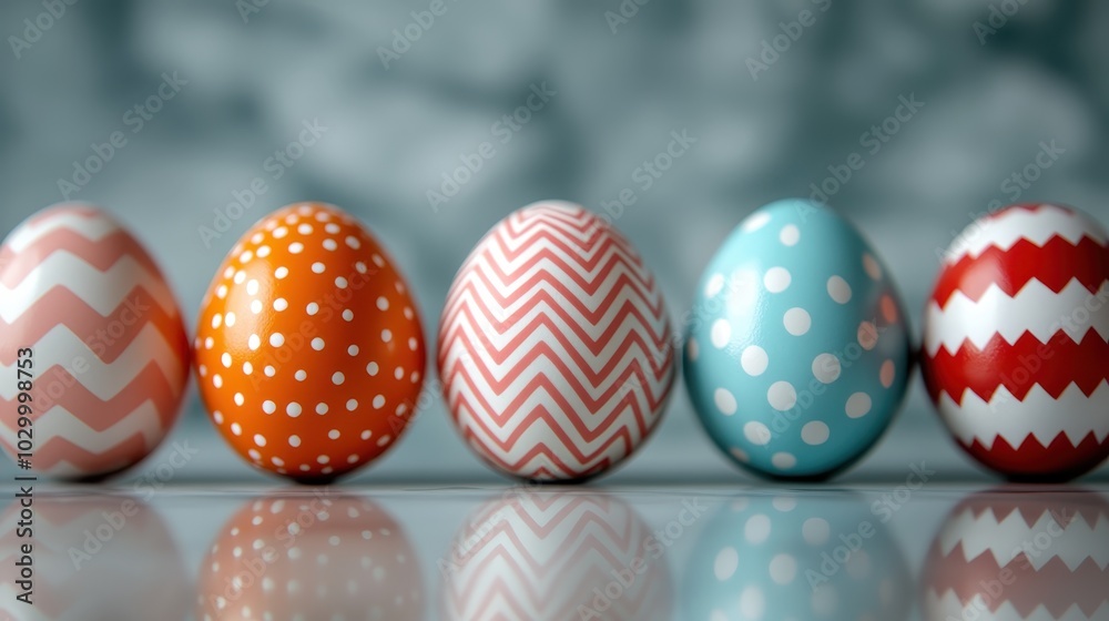 A creative arrangement of eggs with zigzag and dotted patterns in contrasting colors, set against an elegantly blurred backdrop to emphasize artistic design. A creative arrangement of eggs with zigzag and dotted patterns in contrasting colors, set against an elegantly blurred backdrop to emphasize artistic design.