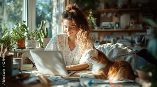 In a sunlit room, a woman dressed in a cozy sweater smiles as she works on her laptop. A cat lies nearby, bathed in the gentle warmth of sunlight. photo