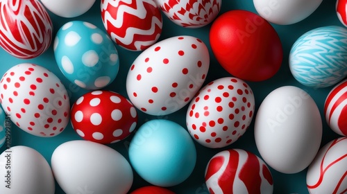 A vibrant assortment of colorful eggs adorned with playful polka dot designs in varying sizes, highlighted against a dynamic blue background for visual interest. photo