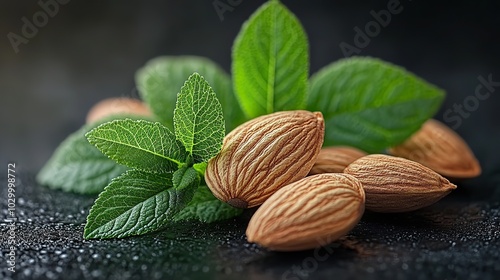 Fresh almond nuts with green leaves presented on a white background.