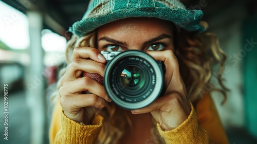 A portrait of a focused photographer peering through a camera lens in an outdoor setting, depicting creativity and dedication with a touch of exploration and spontaneity. photo